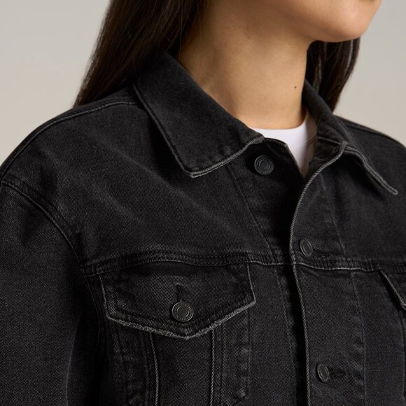 American Tall Women's Relaxed Denim Jacket for Tall Women in Black Stone Wash Si - Picture 2 of 3